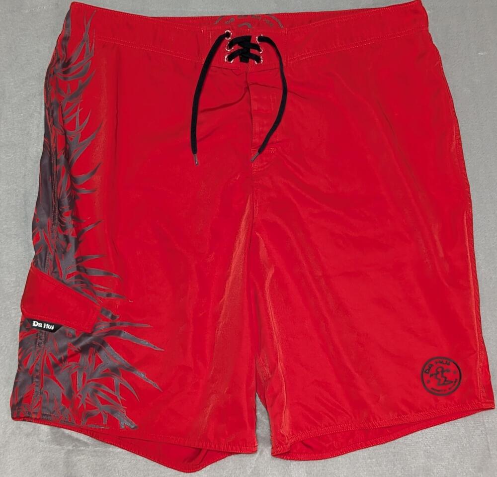 Da Hui Board Shorts Mens 40 Red Hawaiian Palm Surf Swim Trunks Quick Dry